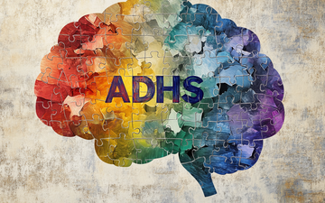 stilistisches Gehirn dargestellt aus bunten Puzzleteilen, Schriftzug ADHS