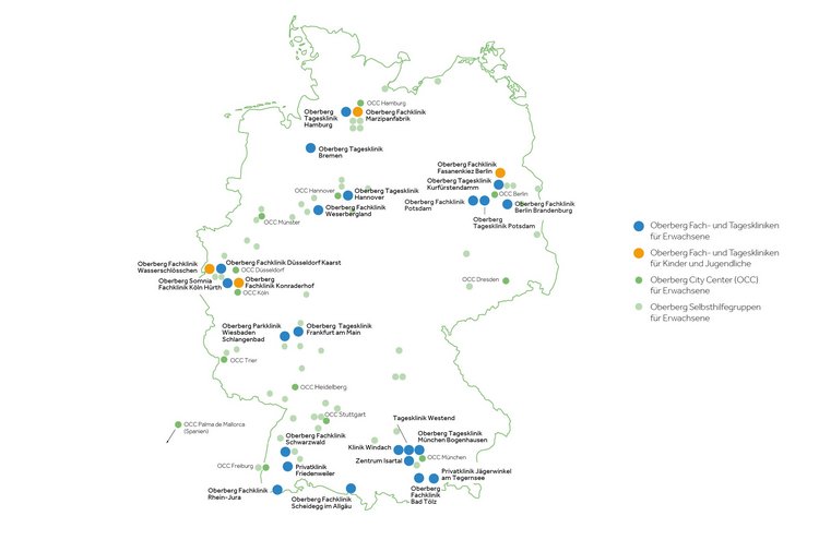 Deutschlandkarte mit einer Übersicht der Standorte der Oberbergkliniken, City Center und Selbsthilfegruppen