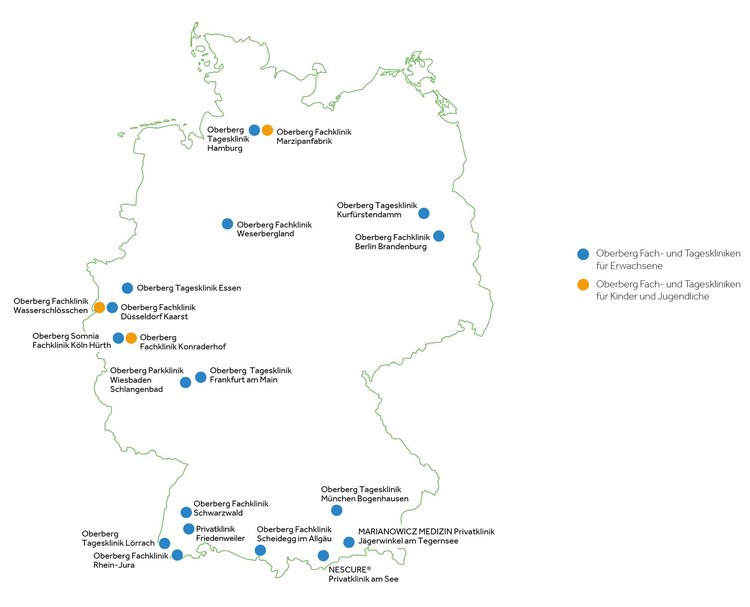 Alle Standorte der Oberberg Kliniken deutschlandweit