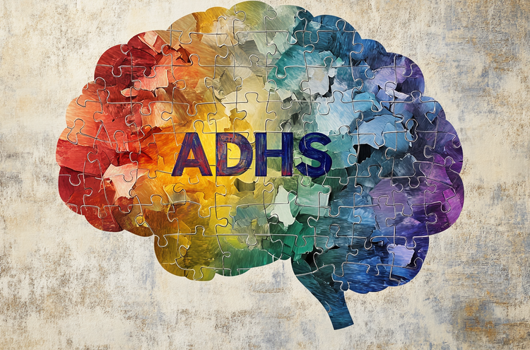 stilistisches Gehirn dargestellt aus bunten Puzzleteilen, Schriftzug ADHS
