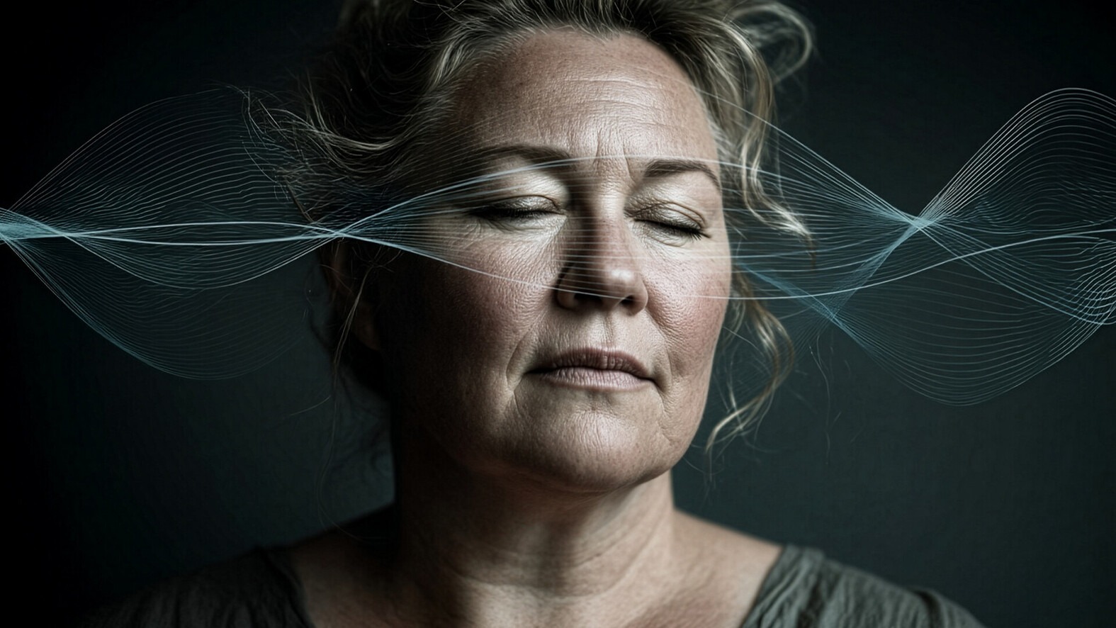 Frau in Gedanken versunken, wei&szlig;e Linien als Symbol von kreisenden Gedanken