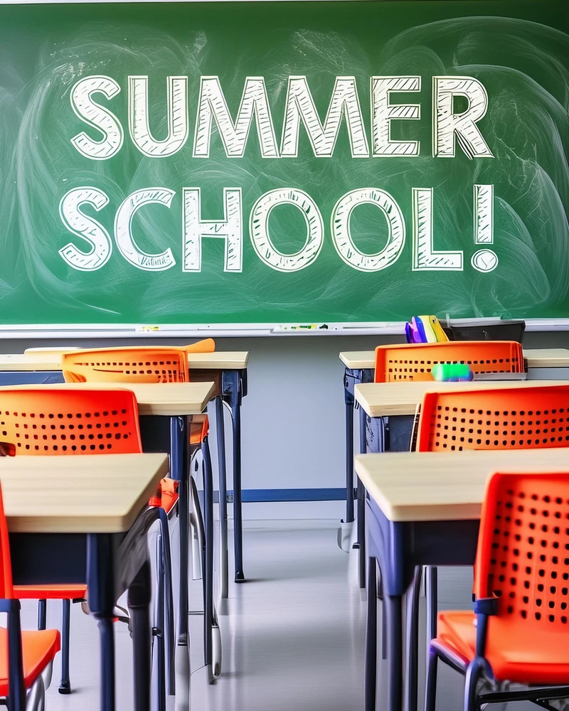 Klassenzimmer mit Tischen und St&uuml;hlen, an der Tafel steht SUMMER SCHOOL