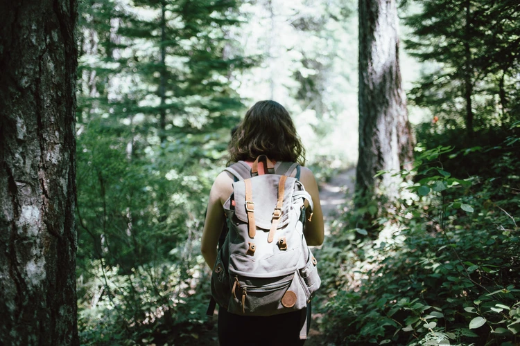 Person mit Rucksack geht durch einen Wald