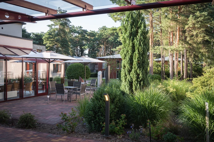 Terrasse eines Geb&auml;udes mit Garten und angrenzendem Wald