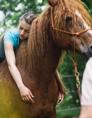 Junge Person lehnt sich an ein Pferd