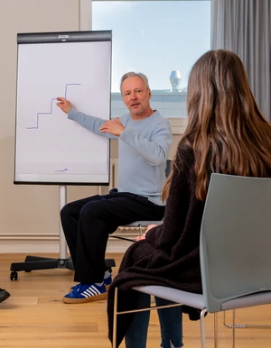 Mann erkl&auml;rt an einem Flipchart in einer Gespr&auml;chsrunde
