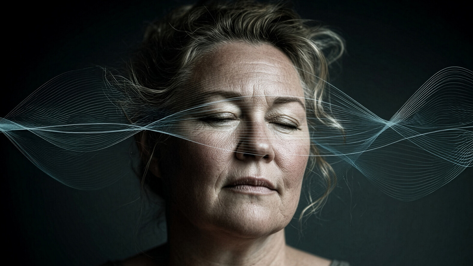 Portr&auml;t einer Frau mit geschlossenen Augen und wellenf&ouml;rmigen Linien vor dem Gesicht