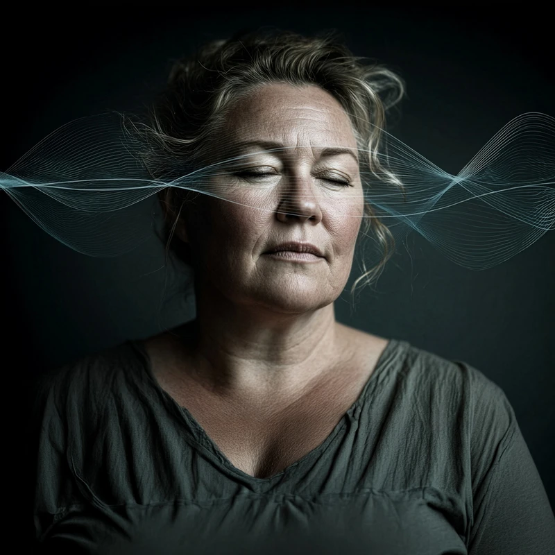 Portr&auml;t einer Frau mit geschlossenen Augen und wellenf&ouml;rmigen Linien vor dem Gesicht