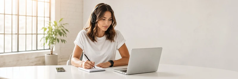 Frau sitzt am Schreibtisch und erfolgt Online Vortrag auf dem Laptop
